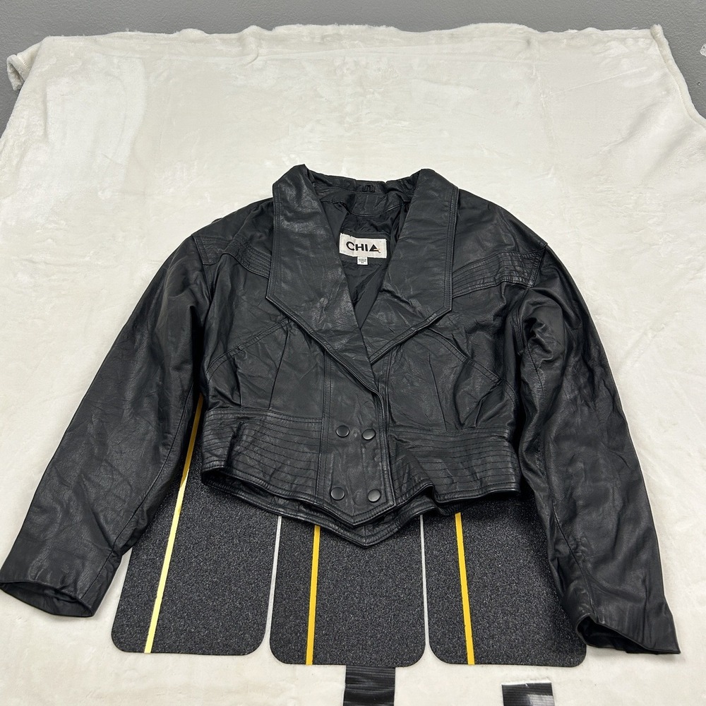 Chia Leather Jacket Womens Medium Black Vintage Cropped Double Breasted 1493